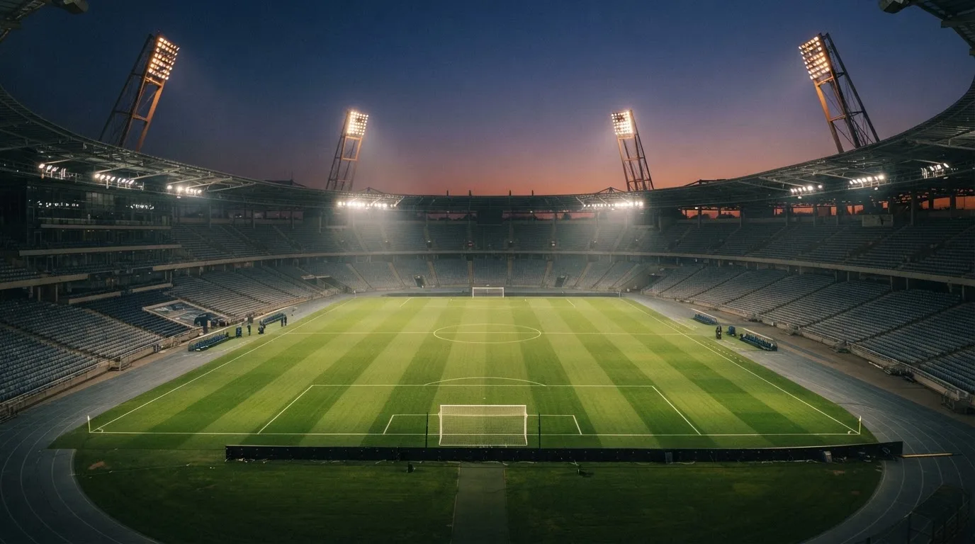 An empty football stadium with floodlight masts at dusk