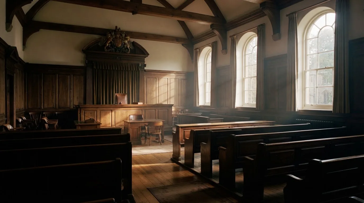An empty courtroom with wooden benches in morning light