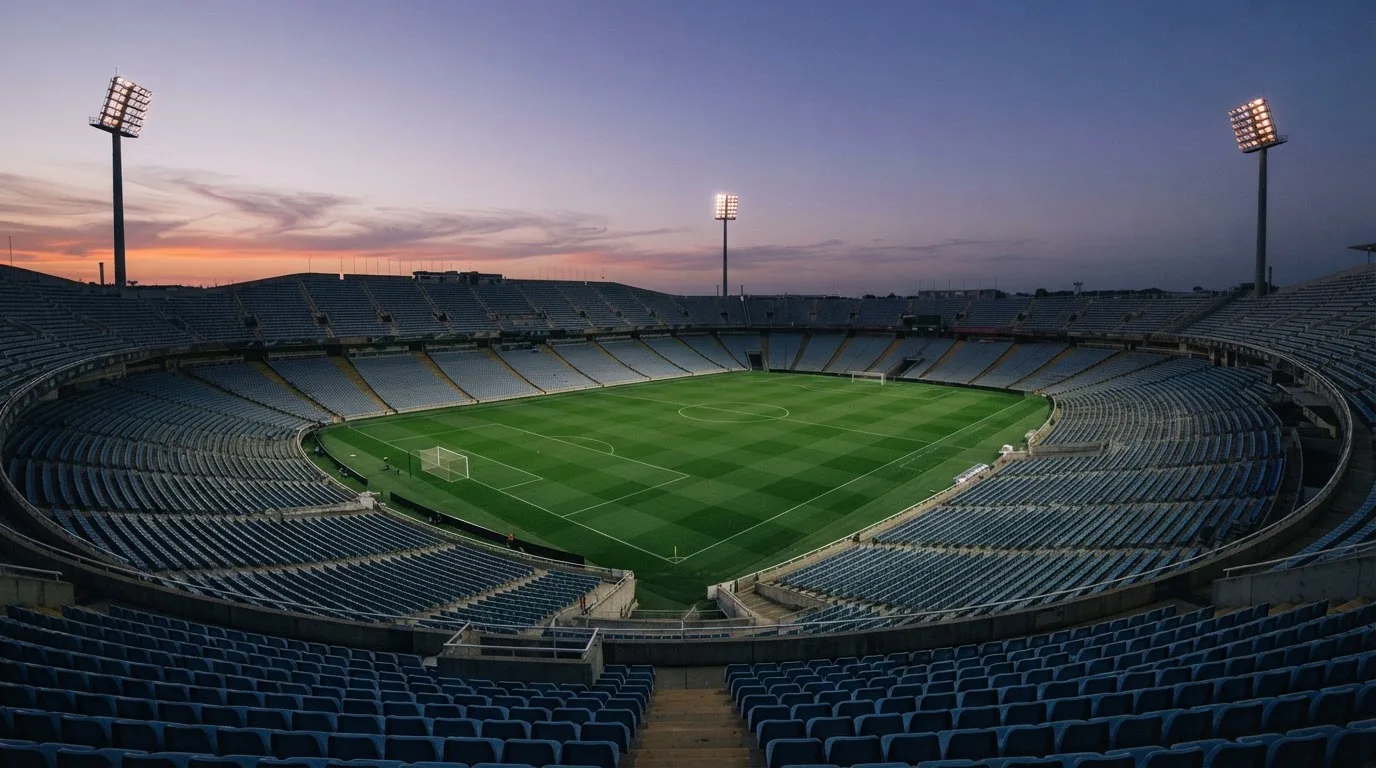 An empty football stadium with floodlight masts at dusk