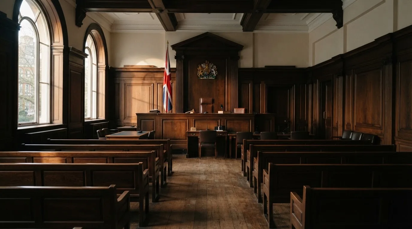 An empty courtroom with wooden benches in morning light
