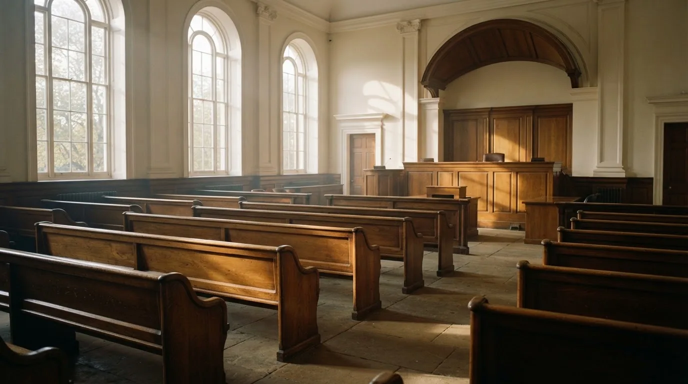 An empty courtroom with wooden benches in morning light