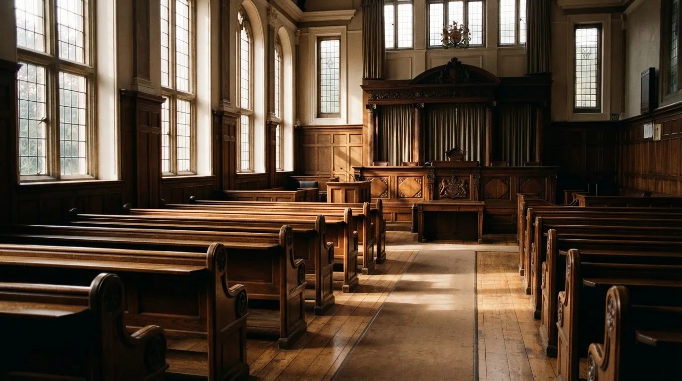 An empty courtroom with wooden benches in morning light
