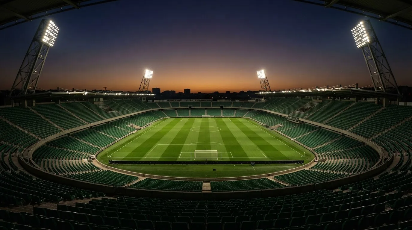 An empty football stadium with floodlight masts at dusk