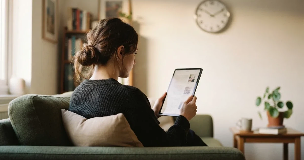 A person on a sofa looking thoughtfully at a tablet, a wall clock in the background