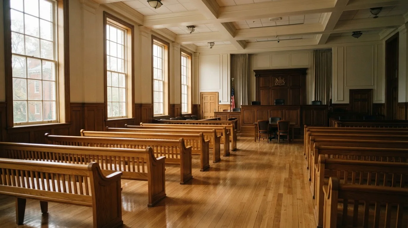 An empty courtroom with wooden benches in morning light