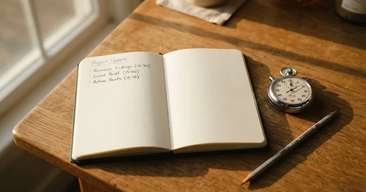 An open notebook with a pencil and a stopwatch on a wooden table