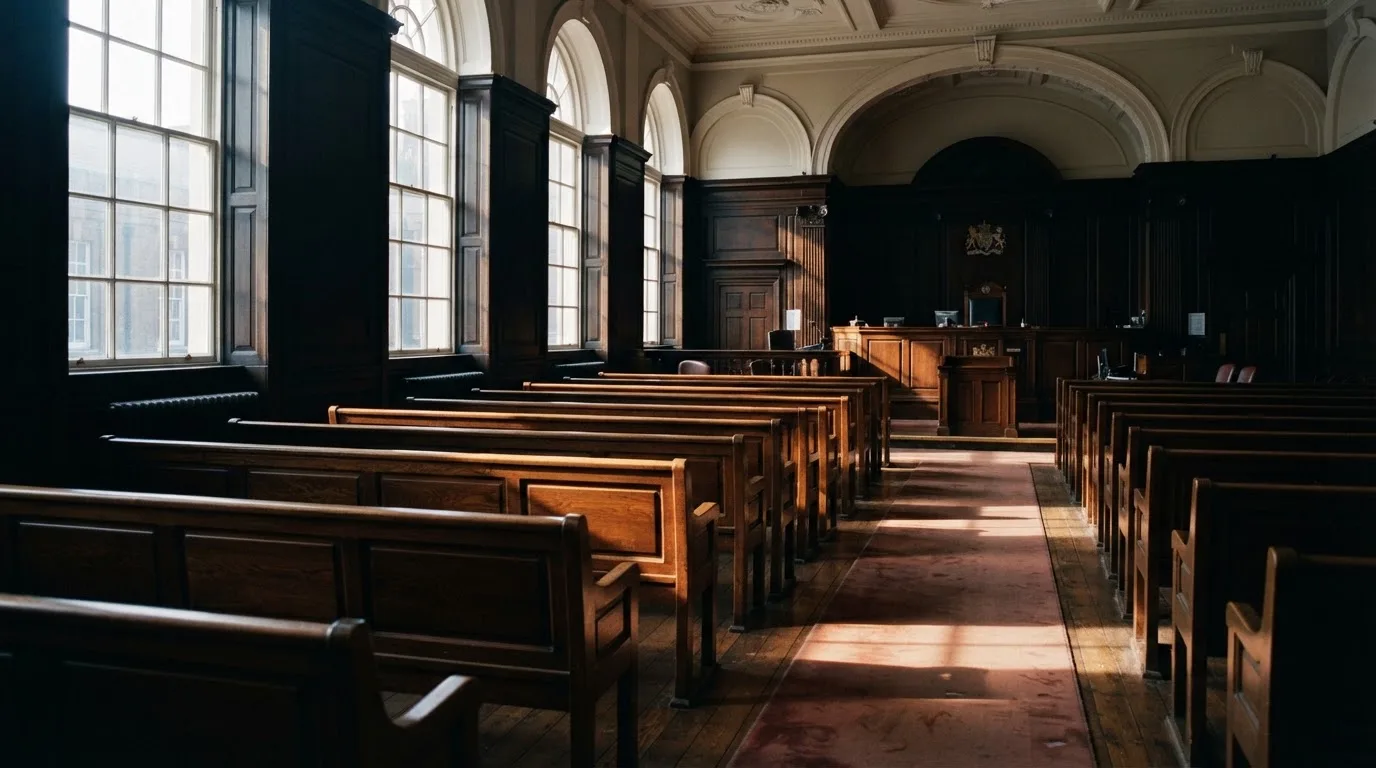 An empty courtroom with wooden benches in morning light