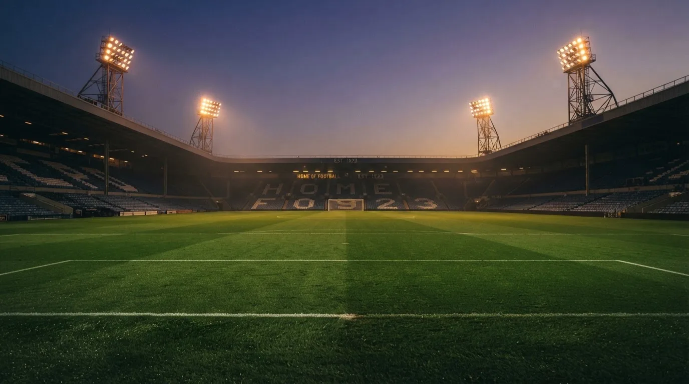 An empty football stadium with floodlight masts at dusk