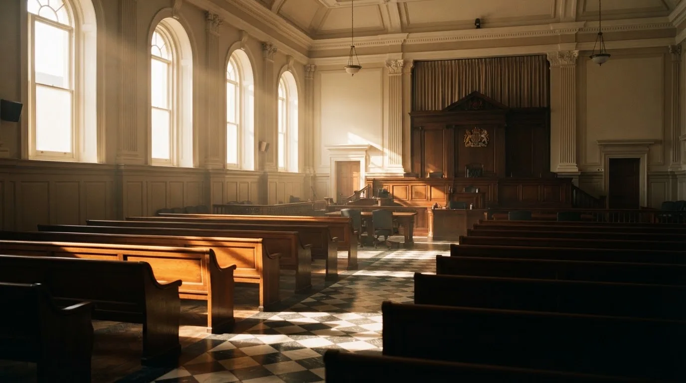 An empty courtroom with wooden benches in morning light