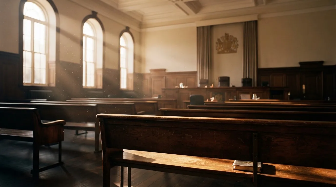 An empty courtroom with wooden benches in morning light