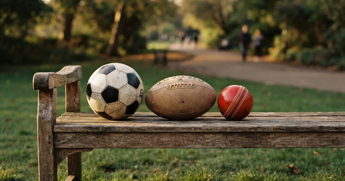 Three balls of different kinds side by side on a wooden bench