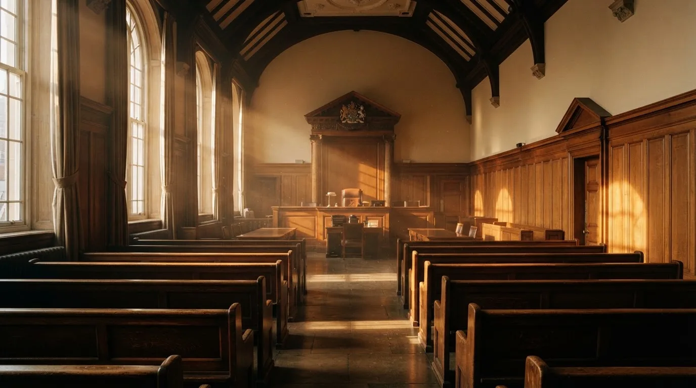 An empty courtroom with wooden benches in morning light