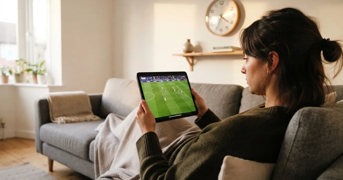 A person on a sofa looking thoughtfully at a tablet, a wall clock in the background