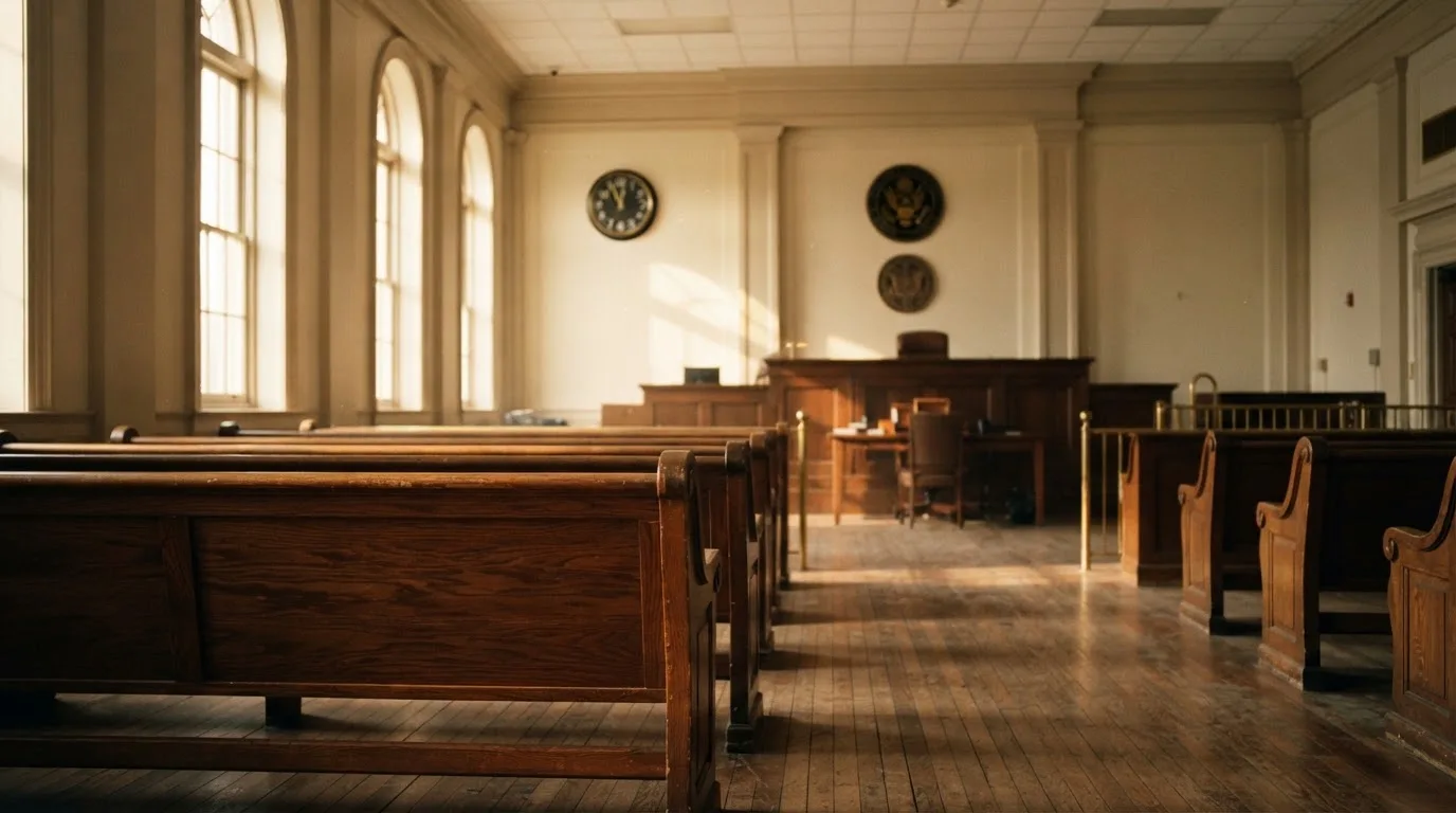 An empty courtroom with wooden benches in morning light