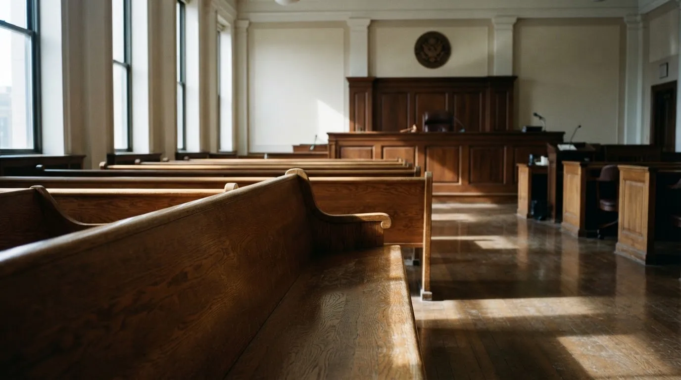 An empty courtroom with wooden benches in morning light