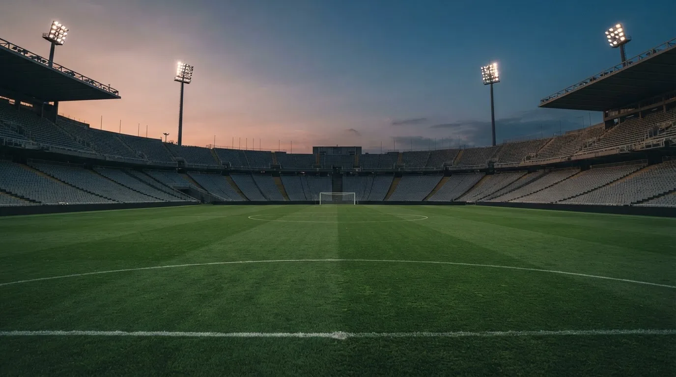 An empty football stadium with floodlight masts at dusk