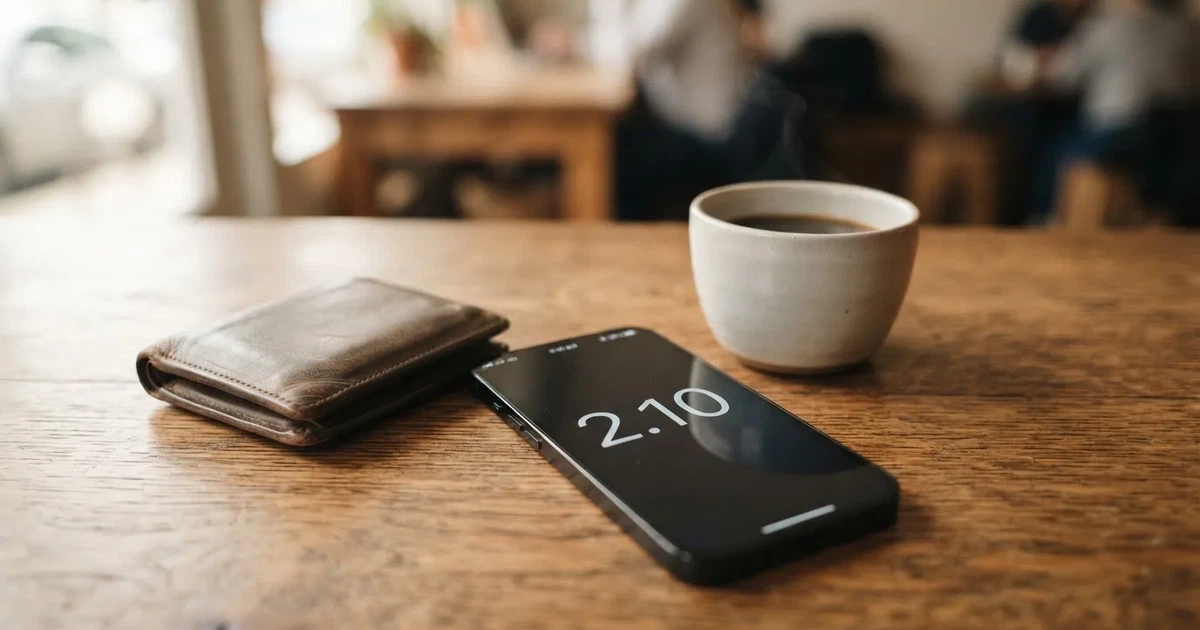 A smartphone on a wooden table beside a wallet and a coffee cup
