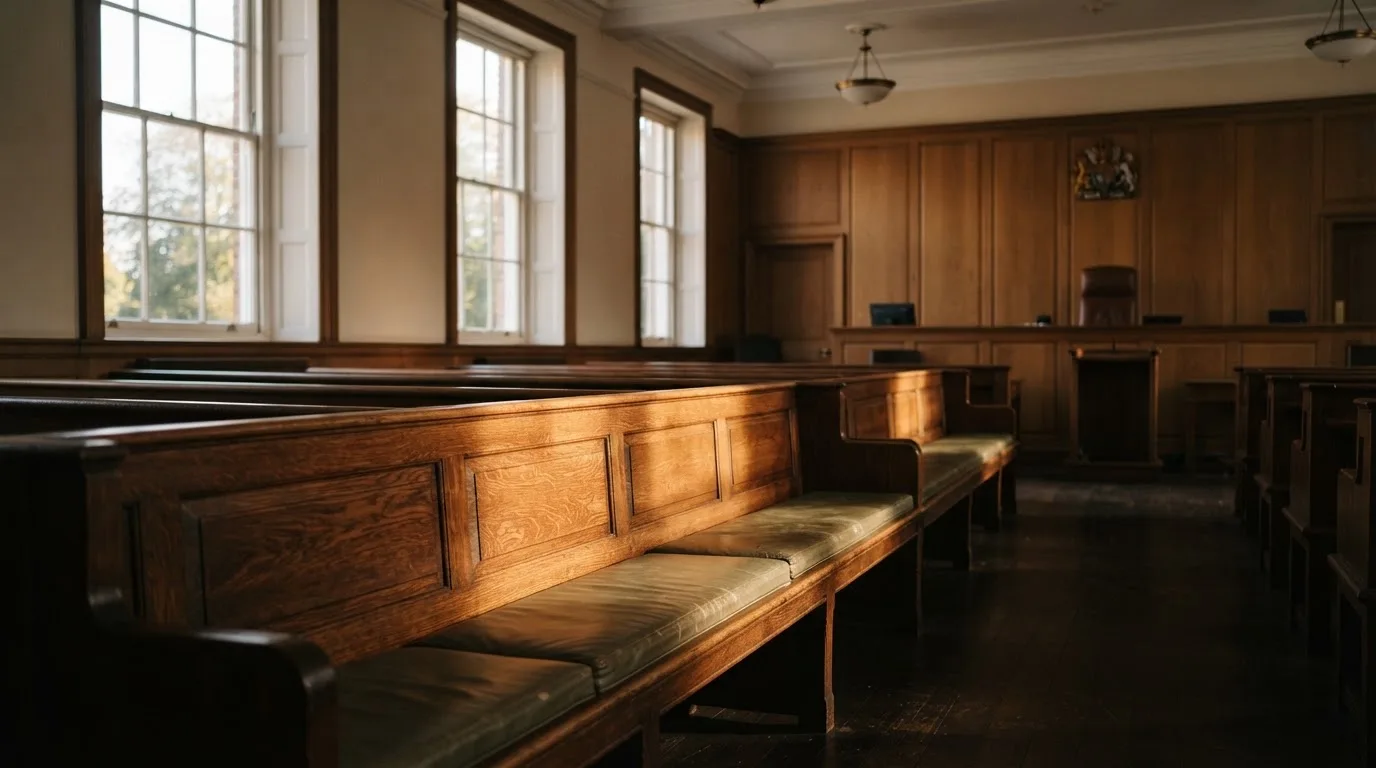 An empty courtroom with wooden benches in morning light