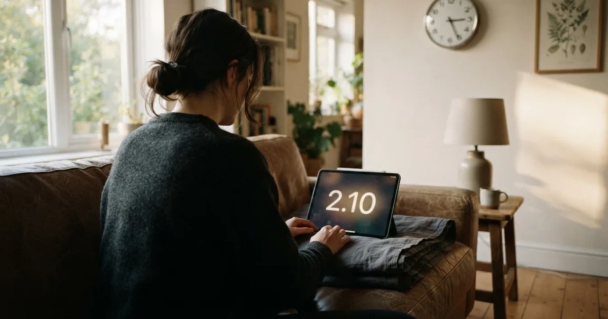 A person on a sofa looking thoughtfully at a tablet, a wall clock in the background