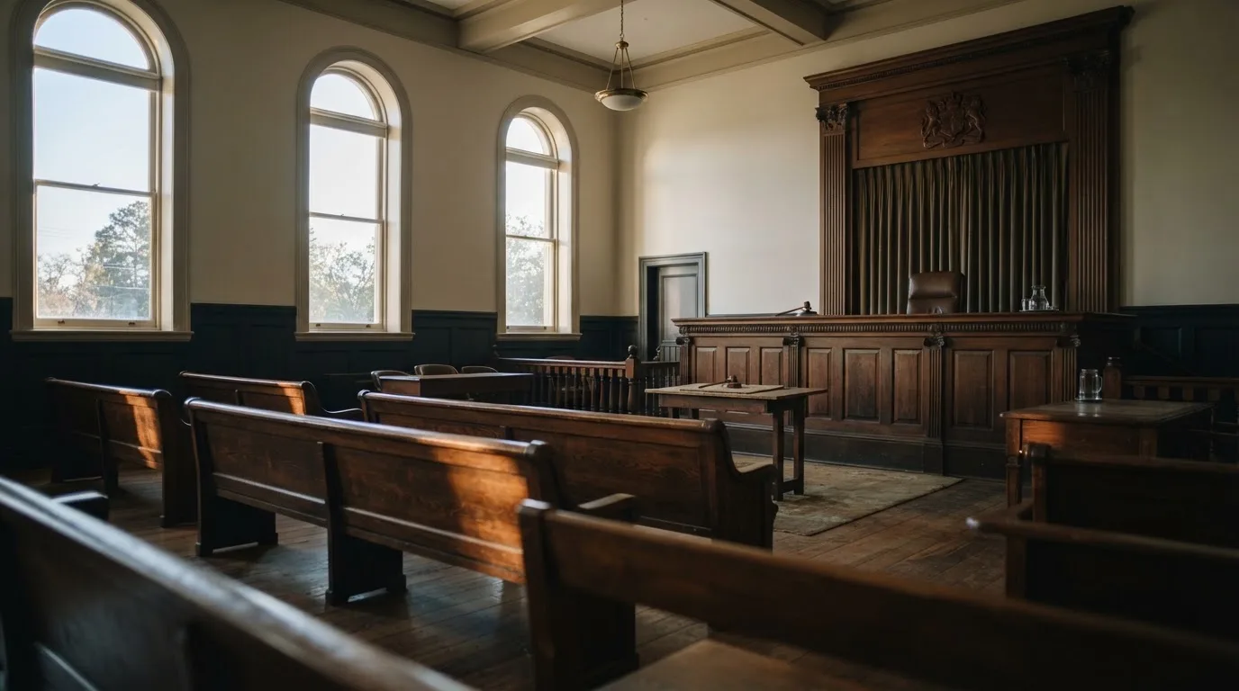 An empty courtroom with wooden benches in morning light
