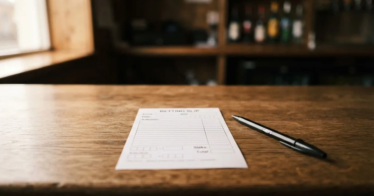 A blank paper betting slip beside a pen on a wooden counter