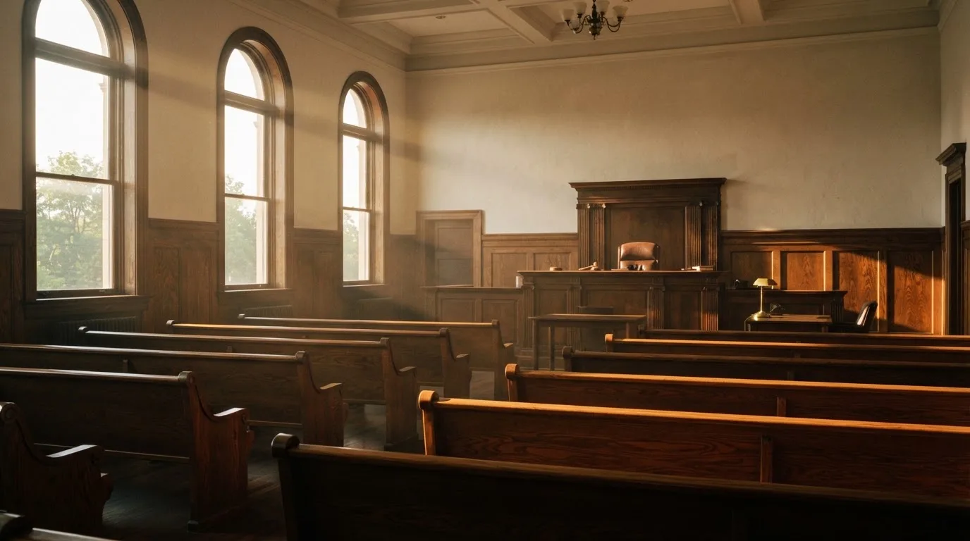 An empty courtroom with wooden benches in morning light