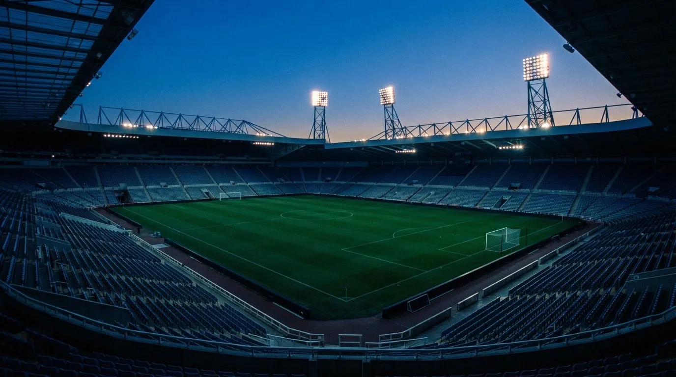 An empty football stadium with floodlight masts at dusk