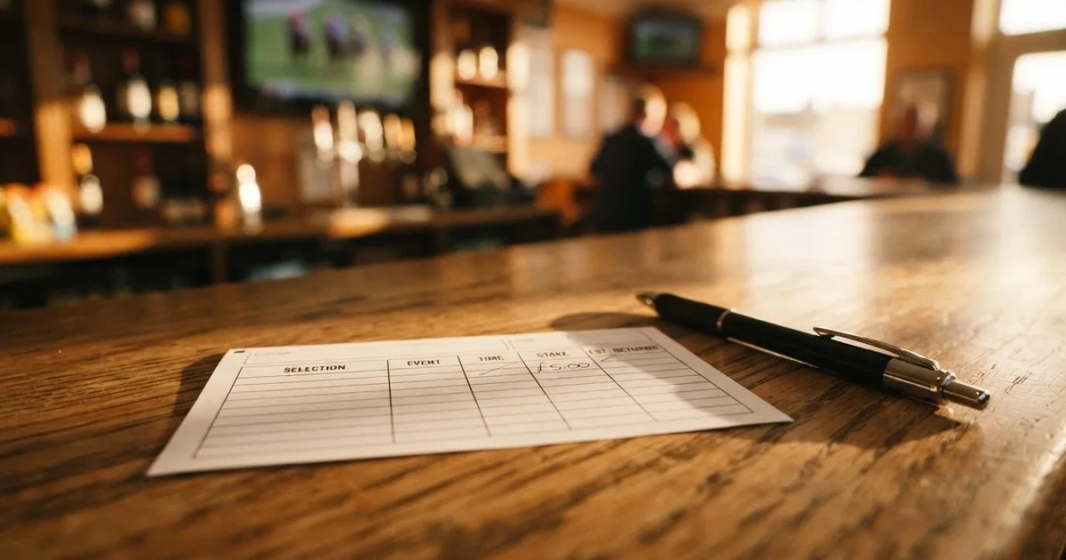 A blank paper betting slip beside a pen on a wooden counter