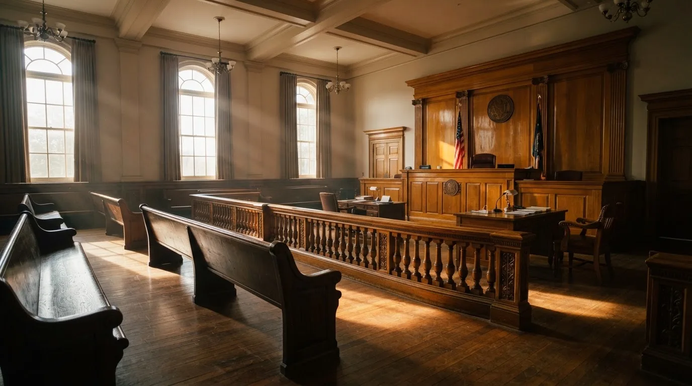An empty courtroom with wooden benches in morning light