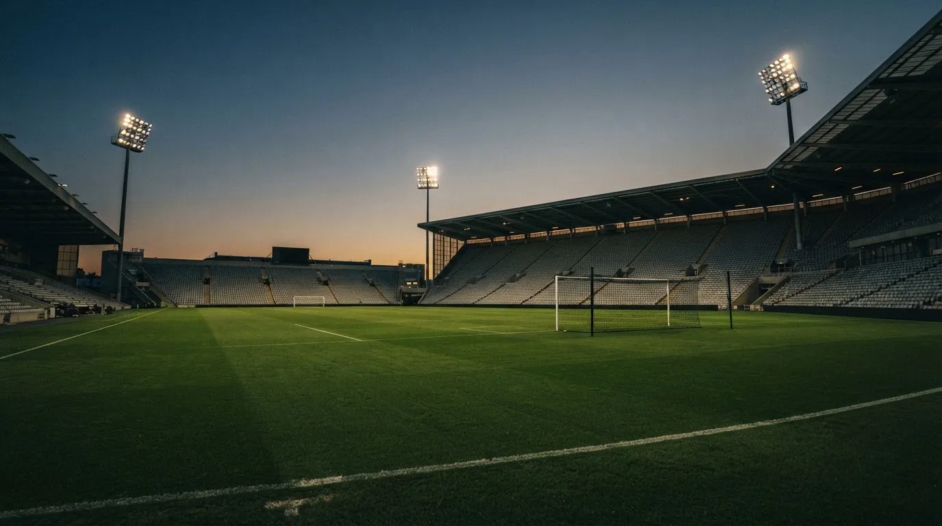 An empty football stadium with floodlight masts at dusk