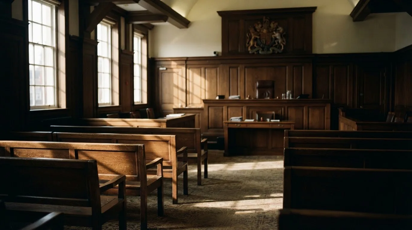 An empty courtroom with wooden benches in morning light