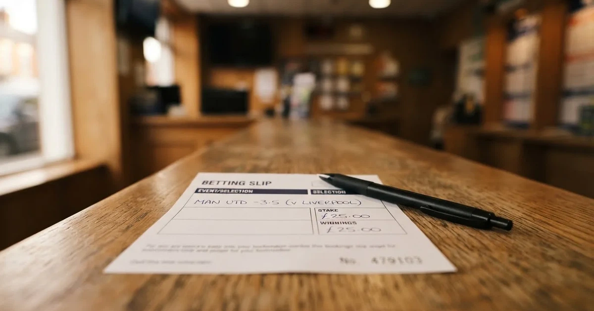 A blank paper betting slip beside a pen on a wooden counter