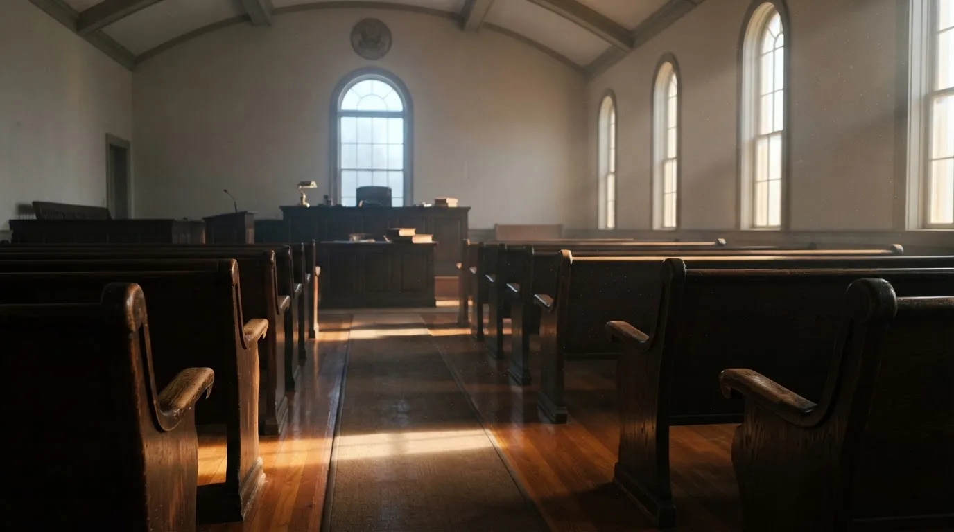 An empty courtroom with wooden benches in morning light