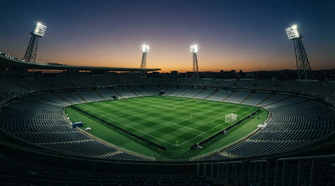 An empty football stadium with floodlight masts at dusk