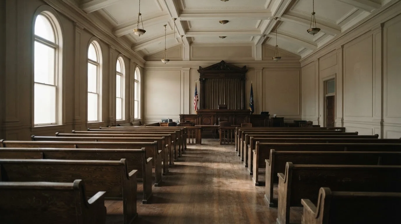 An empty courtroom with wooden benches in morning light