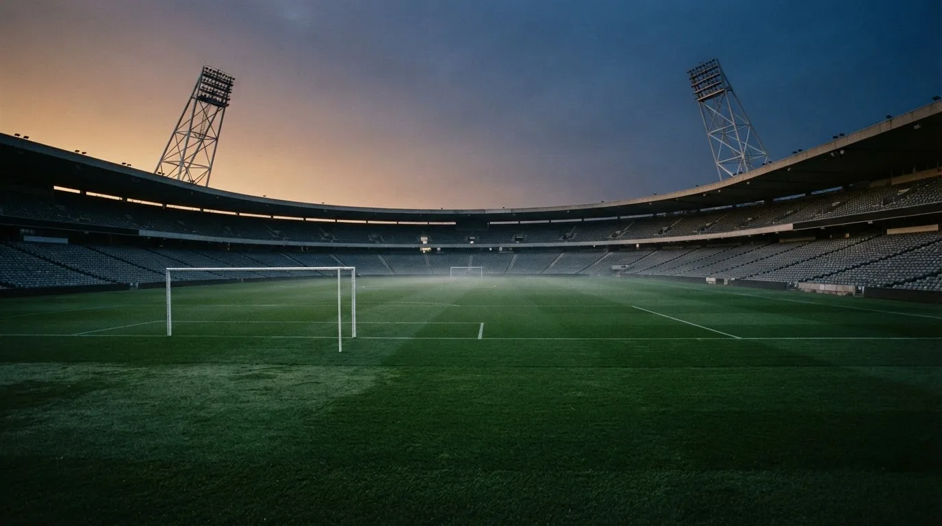 An empty football stadium with floodlight masts at dusk