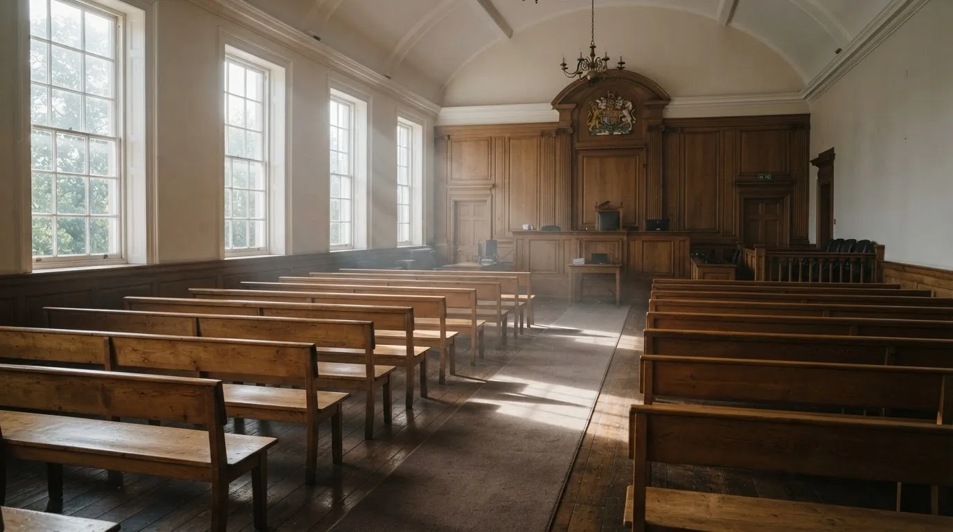 An empty courtroom with wooden benches in morning light