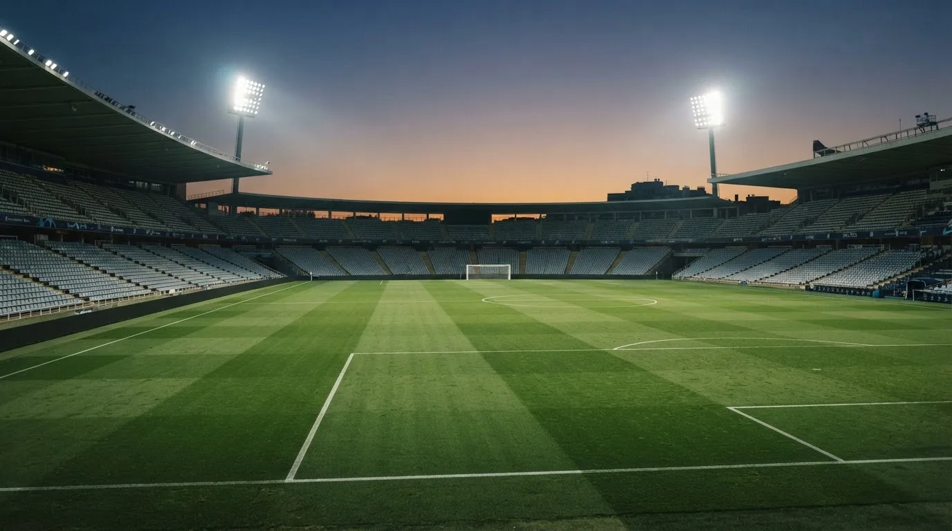 An empty football stadium with floodlight masts at dusk