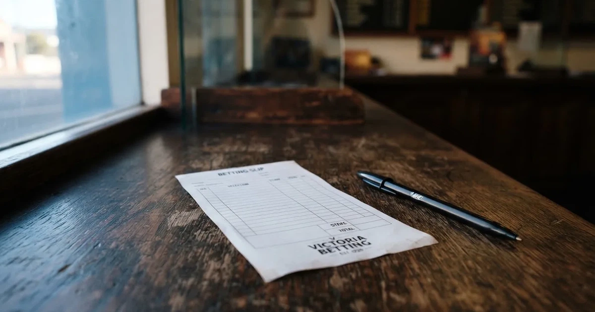 A blank paper betting slip beside a pen on a wooden counter