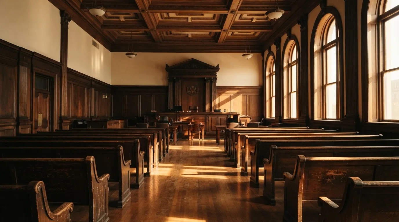 An empty courtroom with wooden benches in morning light