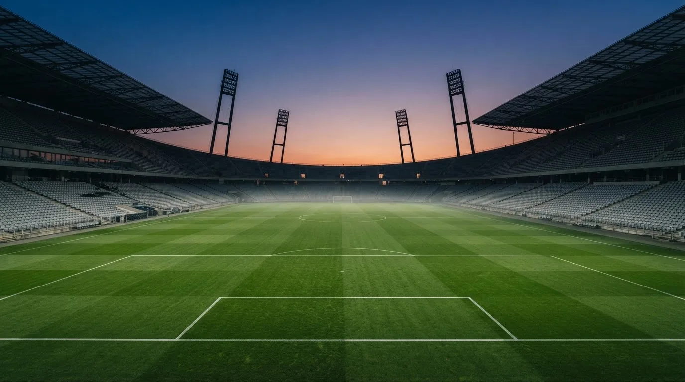 An empty football stadium with floodlight masts at dusk