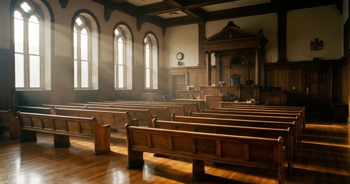 An empty courtroom with wooden benches in morning light