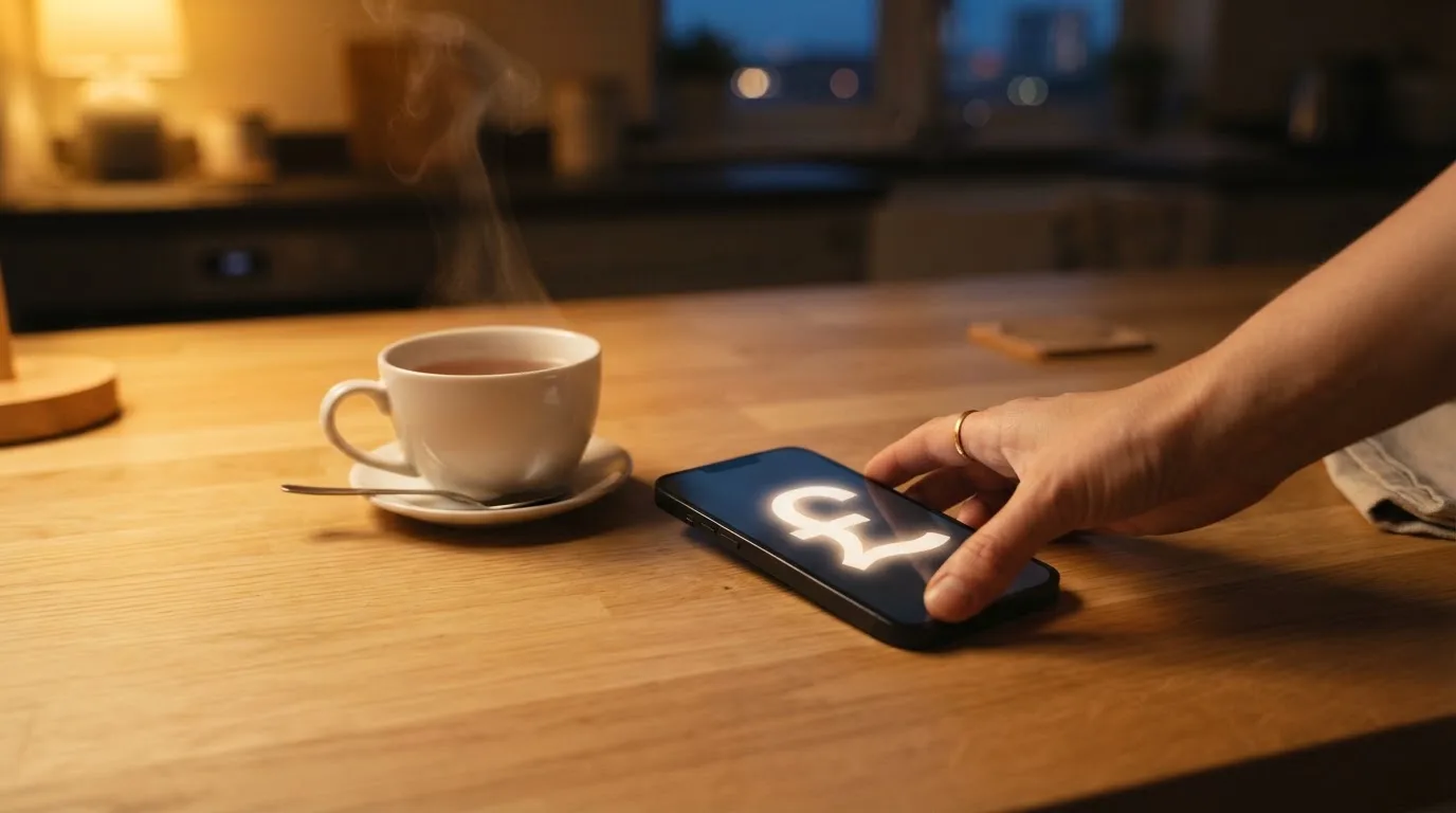 A hand setting a smartphone down beside a cup of tea on a kitchen table on a quiet evening