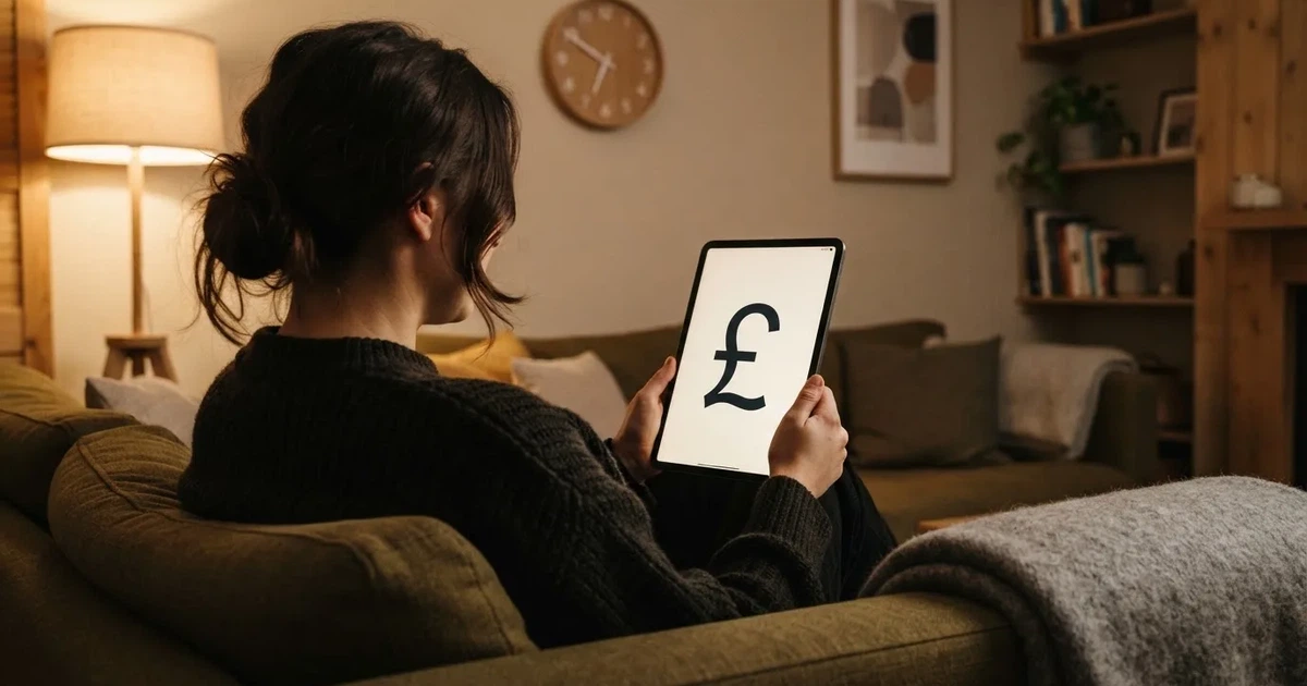 A person on a sofa looking thoughtfully at a tablet, a wall clock in the background