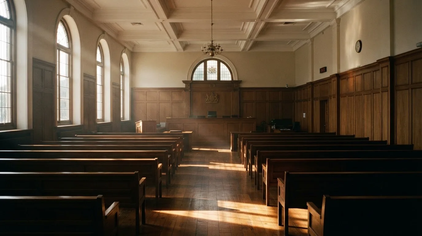 An empty courtroom with wooden benches in morning light