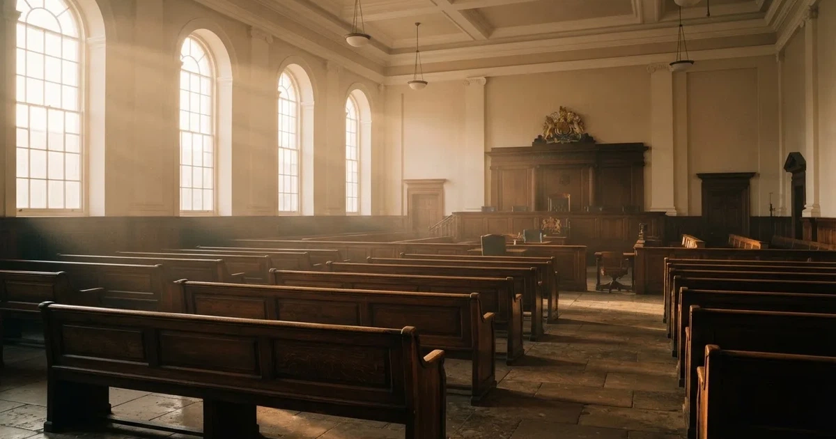 An empty courtroom with wooden benches in morning light