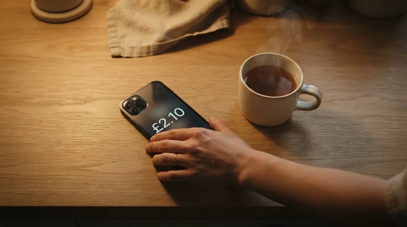 A hand setting a smartphone down beside a cup of tea on a kitchen table on a quiet evening
