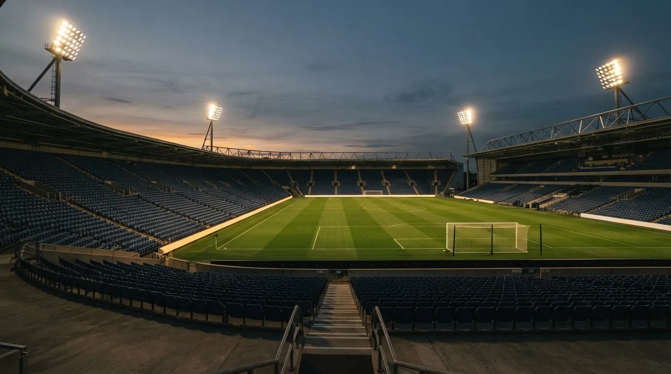 An empty football stadium with floodlight masts at dusk