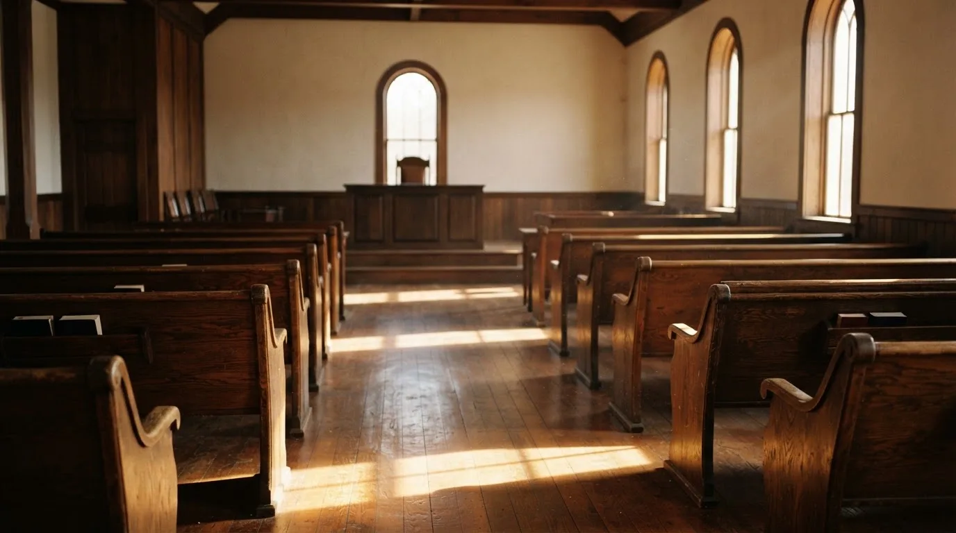 An empty courtroom with wooden benches in morning light