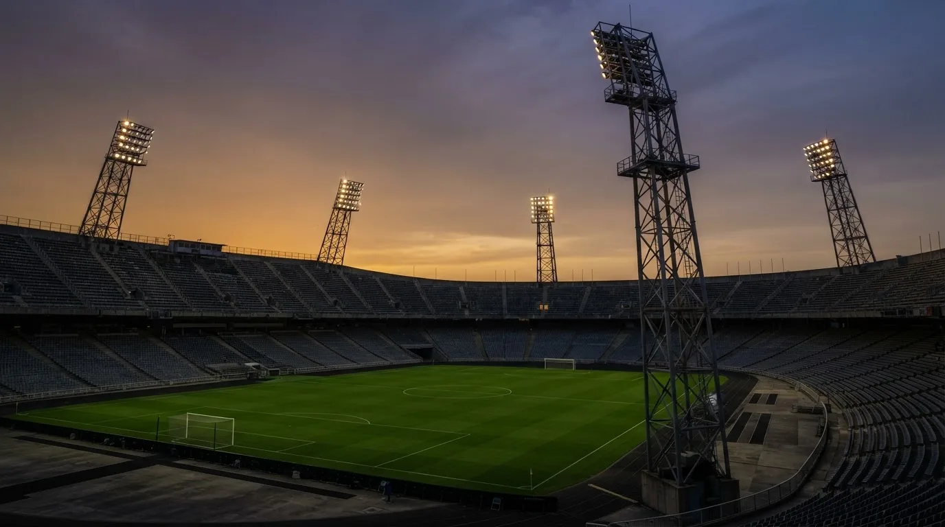 An empty football stadium with floodlight masts at dusk
